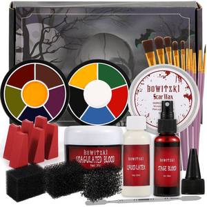 lot 23574 image: Bowitzki Halloween Makeup Kit Special Effect sfx Makeup,Liquid LatexScab BloodSpray Blood6 Colors Oil Based Face PaintSFX bruise wheelSkin WaxStipple SpongesLatex free SpongesSpatulaBrushes