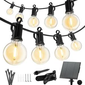 lot 23583 image: Minetom Solar Outdoor Lights - 38Ft 15 LED Waterproof Solar String Lights with USB Port and Cable Ties, Commercial Shatterproof G40 LED Bulbs, Hanging Patio Light for Backyard Porch Bistro Decor