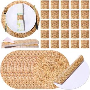 lot 32082 image: Gandeer 200 Pcs Disposable Woven Paper Placemats and Napkin Rings Bulk Rustic Round Wicker Printed Charger Place Mat Farmhouse Braided Rattan Tablemats for Summer Country Wedding Dinner Birthday Party