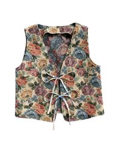 lot 32098 image: Verdusa Womens Bow Tie Knot Front V Neck Wave Print Sleeveless Crop Top Boho Vest Floral Multi Large
