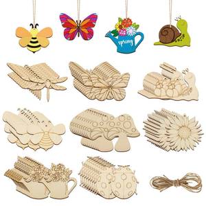 lot 32106 image: 80PCS Wooden Spring Ornaments to Paint, 8 Styles DIY Blank Unfinished Wood Cutouts Ornament for Home Crafts Hanging Decorations, Insect Dragonfly Butterfly Snail Watering Can Mushroom Flower Shape