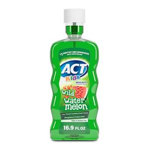 lot 32108 image: ACT Kids Anticavity Fluoride Rinse Wild Watermelon 16.9 fl. oz. Accurate Dosing Cup, Alcohol Free