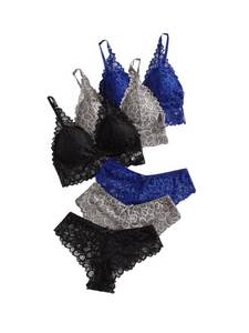 lot 32111 image: Verdusa Womens 6 Piece Bow Floral Lace Lingerie Wireless Padded Bra and Panty Set Black Blue Grey Large