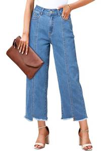 lot 32123 image: Sidefeel Womens Capri Jeans Wide Leg Jeans Woman High Waisted Straight Leg Summer Cropped Denim Pants Mist Blue Size 16