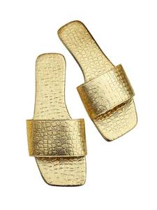 lot 32126 image: GORGLITTER Womens Metallic Flat Sandals Square Open Toe Summer Dressy Slip on Slide Sandals Gold 7.5