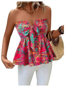 lot 32143 image: SOLY HUX Womens Tube Top Boho Floral Print Strapless Sleeveless Tie Front Ruffle Hem Summer Tops Multicoloured Printed Large