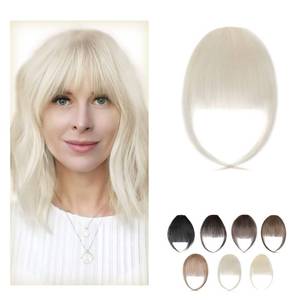 lot 32153 image: SLEEKALON Clip-in Bangs Human Hair Platinum Blonde Air Banged Hairpiece for Women, Curved Bangs Hair Clip with Temples for Daily Wear (#60-Platinum Blonde)