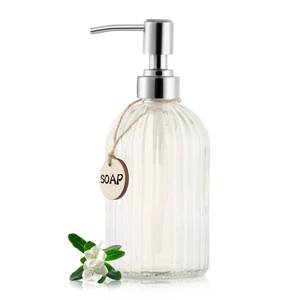 lot 32923 image: MOCLIF 16 OZ Soap Dispenser Tempered Glass Clear Vertical Stripe with 304 Rust Proof Stainless Steel Pump Refillable Liquid Hand Soap Dispenser for Bathroom, Kitchen, Dish Soap Lotion (Clear)