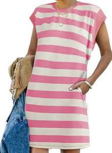 lot 36488 image: AlvaQ Striped Dresses for Women 2025 Summer Casual Loose Sleeveless Colorblock Short Mini Dress with Pocket Pink Small