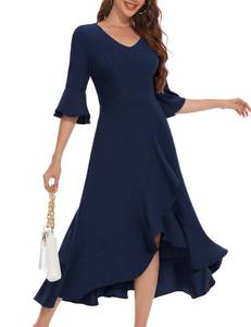 lot 36489 image: HomRain Fall Wedding Guest Dresses for Women Formal Cocktail Dress Modest Vintage Ruffle V-Neck A-line for Classy Funeral Homecoming Navy L