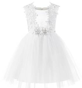 lot 36495 image: Lace Tulle Flower Girl Dress White Floral Applique Kids Summer Wedding Party Gown (Size 10, White)