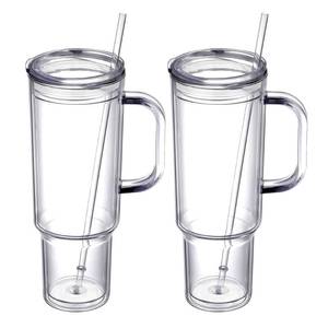 lot 1816 image: SMLIXE 40 oz plastic tumbler with handle and Straw Lidclear tumblerDouble Wall Vacuum Reusable plastic Water Bottle Travel Mug CupClassic Acrylic Tumblers (2 Pack) - Retail $25