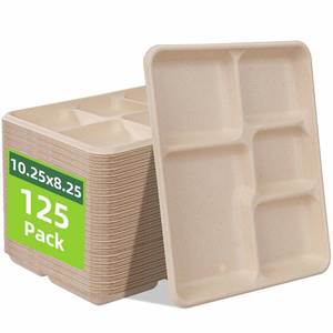 lot 1834 image: WELLIFE 100percent Compostable 5 Compartment Paper Plates, 125 Pack Small Heavy Duty Disposable School Lunch Trays, 10.25  8.25 Inch Eco-Friendly Bagasse Plates for Boys, Girls and Youth (BPA Free) - Retail $28
