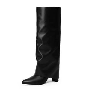 lot 1842 image: Modatope Knee High Black Boots for Women Black Fold Over Knee High Boots Chunky Heel Pointed Toe Long Boots Zipper Tall Black Boot Size 8.5 - Retail $70