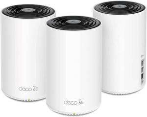 lot 1852 image: TP-Link Deco XE75 Pro AXE5400 Tri-Band WiFi 6E Mesh System - 2.5G WANLAN Port, Covers up to 7200 Sq.Ft, Replaces WiFi Router and Extender, AI-Driven Mesh, 6GHz Band, 3-Pack - Retail $337