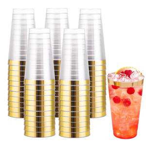 lot 1864 image: I00000 16 oz Gold Plastic Cups, 100 Pack Clear Plastic Cups Tumblers Gold Rimmed Cup, Heavy-duty Disposable Cup Perfect for Halloween, Thanksgiving and Christmas Parties - Retail $35