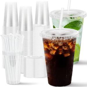 lot 1865 image: Huifany 100 Pack 16 oz Disposable Plastic Cups with Lids and Straws, Clear Party Coffee Cups for Cold Beverages, Smoothies, Iced Coffee, and Leak-Proof, BPA-Free - Retail $20