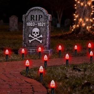 lot 1866 image: 25 Pack Halloween Pathway Lights Outdoor,38Ft Flickering Flame Walkway Lights with 27PCS C9 Flame Bulbs,Waterpoof Outdoor Light for Outside Lawn Garden Yard Landscape Halloween Decor - Retail $30