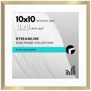 lot 2368 image: Americanflat 10x10 Picture Frame with Shatter-Resistant Glass - Use as 8x8 Frame with Mat or Display 10x10 Photo Without Mat - Streamline Collection - Square Frames for Tabletop or Wall - Gold - Retail $12