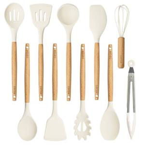 lot 2379 image: CAROTE Silicone Cooking Utensils Set, Kitchen Utensils Set 10 Pcs for cooking, BPA Free Spatula Set with Heat Resistant Wood Handles for Nonstick Cookware (Cream White) - Retail $30