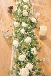 lot 2380 image: Annafts Whimsy 5.91FT Artificial Eucalyptus Garland with Flowers, Fake Flower Rose Gypsophila, Faux Floral Greenery Garland for Wedding Spring Home Party Craft Art Table Runner Decor