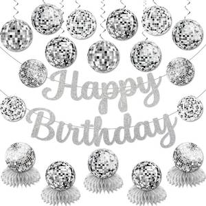 lot 2445 image: Disco Birthday Party Decorations - Silver Disco Ball Banner, Honeycomb Centerpieces, 70s-80s-90s Themed Party Pack - Retail $14