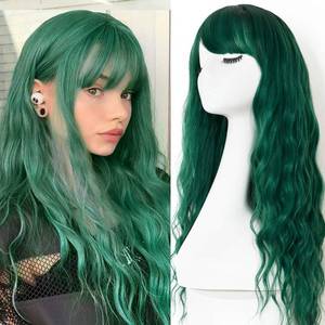 lot 2464 image: EVLYNN Wigs With Bangs Ombre Dark Green Wig Long Loose Wavy Curly Hair Synthetic Fiber Glueless Dark Root No Lace Wig For Women - Retail $20