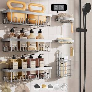 lot 5540 image: Veken Shower Caddy 6-Pack, Family Choice Award Winner, Large Wall Mounted Shower Rack, Bathroom Shelves Over Toilet, Organizer Storage Accessories with Soap DishandToothbrush Holder - Retail $32