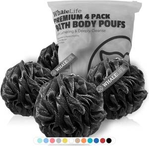 lot 6444 image: Shower Puff 4 Pack Black Bath Sponge Shower Loofahs Pouf Ball Nature Bamboo Charcoal Mesh Bulk Puffs Large, Shower Essential Skin Care by WhaleLife - Retail $10