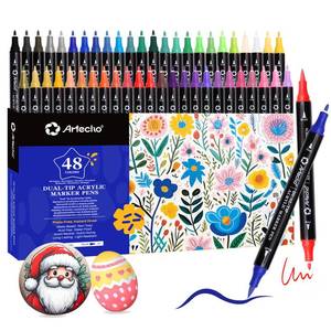 lot 6445 image: Artecho Acrylic Paint Markers 48 Colors, Acrylic Paint Pens with Brush Tip and Fine Tip for Stone, Rock Painting, Paper, Pumpkin, Wood, Egg, Canvas, Ceramic, Fabric, leather, Glass, DIY Crafts - Retail $19