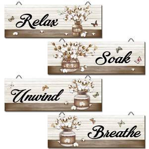 lot 6455 image: Tradder 4 Pcs Bathroom Wall Art Decor Plaques Rustic Farmhouse Pictures Wall Art Relax Soak Unwind Breathe Laundry Room Home Decorations Country(Cotton) - Retail $10