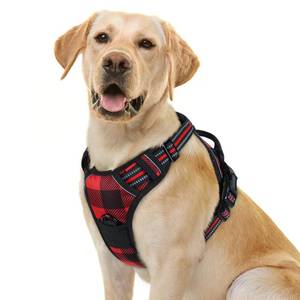 lot 6456 image: rabbitgoo Dog Harness No Pull with 2 Leash Clips, Adjustable Soft Padded, Reflective Oxford No Choke Pet Vest with Easy Control Handle for Large Dogs, Red Plaid, L - Retail $26