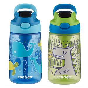 lot 6468 image: Contigo Aubrey Kids Water Bottle with Silicone Straw and Spill Proof Lid, 14oz, 2-Pack, Whales and Dragon, Blue and Green - Retail $23