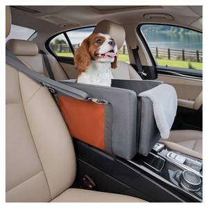 lot 15699 image: Avont Center Console Dog Car Seat with Double Protection Seat Belts, Armrest Middle Console Booster Travel Carrier for Small Dogs Cats with Storage Pockets, Well-Cushioned, Anti-Anxiety -Dark Grey - Retail $30