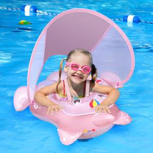 lot 15702 image: AivaToba Baby Pool Float for Infants 3-12 Months with Sun Canopy and UV Protection - Cute Patterns Baby Swim Flotation Device, Infant Swimming Float with Adjustable Safety Seat for Boys Girls - Retail $25