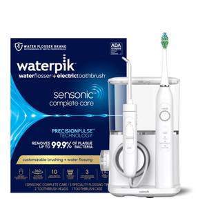 lot 15706 image: Waterpik Sensonic Complete Care Water Flosser and Rechargeable Electric Toothbrush Combo Set for Teeth Cleaning and Flossing, CC-04, White, Packaging May Vary - Retail $200