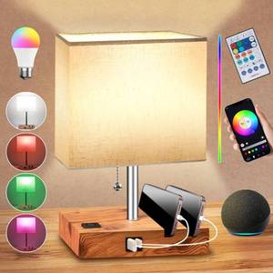lot 15724 image: Smart RGB Dimmable Table Lamp Work with AlexaandAPPandRemote Control, Bedside Desk Lamp with Charging PortsandOutletandPhone Stand, Music Sync Nightstand Lamp for Bedroom Living Room Office Dorm, Wooden Base - Retail $35