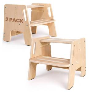 lot 15728 image: 2 Pack Toddler Step Stool, Wooden Height-Adjustable 2-Step Stool for Kids, Potty Training Stool with Handles - Retail $50