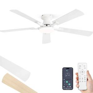 lot 15729 image: ZMISHIBO 52 Inch Ceiling Fan with Light, AppandRemote Control, Flush Mount Low Profile, Dimmable 20W LED Light, Quiet Reversible Motor for Bedroom, Living Room, Apartment, White - Retail $140