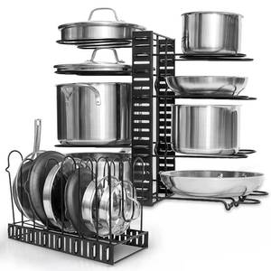 lot 15732 image: GeekDigg Adjustable Pots and Pans Organizer - 8 Tier Versatile Kitchen Pot Rack for Counter and Cabinet - Easy Setup, 3 DIY Installation Ways, Accommodates 8 Pots and Pans - Space-Saving Black Design - Retail $24