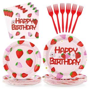 lot 15735 image: Grencian 96PCS Strawberry Birthday Party Plates and Napkins Disposable Summer Fruit Paper Plates Tableware Set for Berry Baby Shower Sweet Strawberry Birthday Party Supplies, Serves 24 Guests - Retail $10