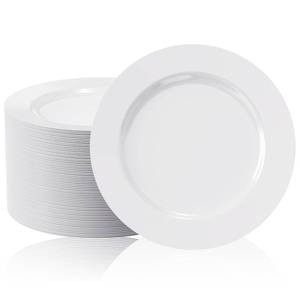 lot 15740 image: FOCUSLINE 100 Count White Plastic Plates 10 Inch, Disposable Heavy Duty Dinner Plates- Premium Hard Plastic Plates Fancy Disposable White Plates for Weddings, Parties and Events - Retail $38