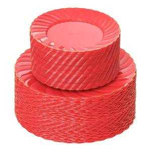 lot 15749 image: U-QE 100PCS Red Plastic Plates - Heavy Duty Red Plates Disposable for Party with Gold Rim - Include 50PCS 9inch Red Dinner Plates and 50PCS 6inch Red DessertSalad Plates for Party - Retail $32