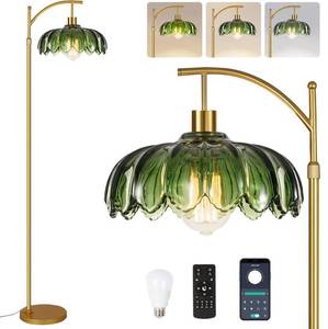 lot 15753 image: QIYIZM Glass Floor Lamp for Living Room,Bedroom,Gold Dimmable Standing Lamp with Remote,Mid Century Modern Brass Tall Lamp Boho Vintage Retro Floor Lamps Arc Green Flower Floor Light Lamp Bohemian - Retail $70