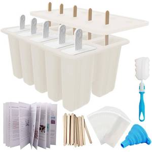 lot 15757 image: Miaowoof Homemade Popsicle Molds, 10-Cav Non-BPA Silicone Ice Pop Maker, with 50 Sticks, 50 Bags, 10 Reusable Sticks, Funnel, Brush and Ice Pop Recipe (White) - Retail $22