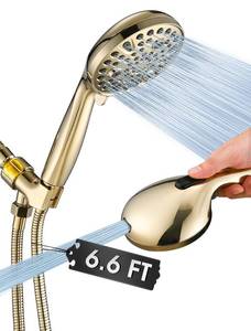 lot 15758 image: High Pressure 10 Setting Handheld Shower Head, 5 Detachable Showerhead Spray Built-in Power Wash to Clean Tub, Tile and Pets, 79in Extra Long Stainless Steel Hose, Adjustable Bracket - Gold - Retail $41in