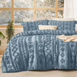 lot 15765 image: Bedsure Tufted Boho Comforter Set Queen Size - Grayish Blue Boho Bed Set, GentleSoft� 3 Pieces Farmhouse Shabby Chic Embroidery Bedding, Gifts for Woman, Soft Jacquard Queen Comforter for All Seasons - Retail $58