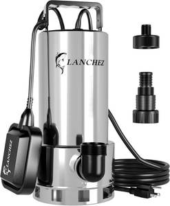 lot 15766 image: LANCHEZ 1.6HP Stainless Steel Sump Pump, 5500GPH High Flow Submersible Water Pump with Float Switch, Automatic Transfer Water Pump for Pool Basement Flooded Pit Sewage Sink Tub with 16ft Cord - Retail $96