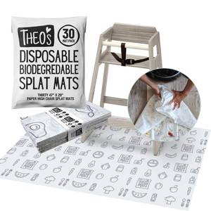 lot 16003 image: 30 Pack  Disposable Splat Mats  Biodegradable  Compostable  THEOftS MATS  Under Highchair Splat Mat for Floor  Baby Led Weaning Supplies  (THEO001) - Retail $23