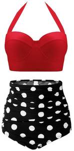 lot 16440 image: CHERRY CAT Womens Vintage Retro Polka High Waisted Underwire Bikini Two Piece Swimsuits (XXX-Large (fits Like US 12-14), Red) - Retail $36